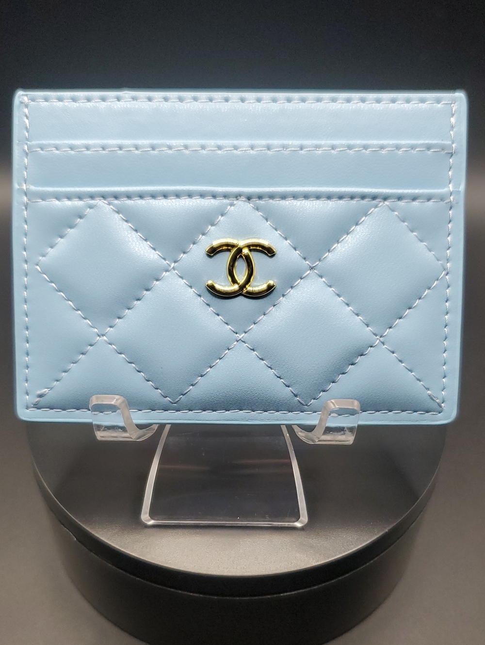 CHANEL GWP Pale Blue Quilted Card Holder with Gold CC Emblem